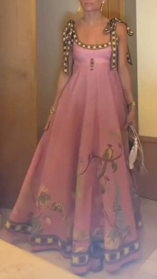 Pink Floral Print Square Neck Maxi Dress