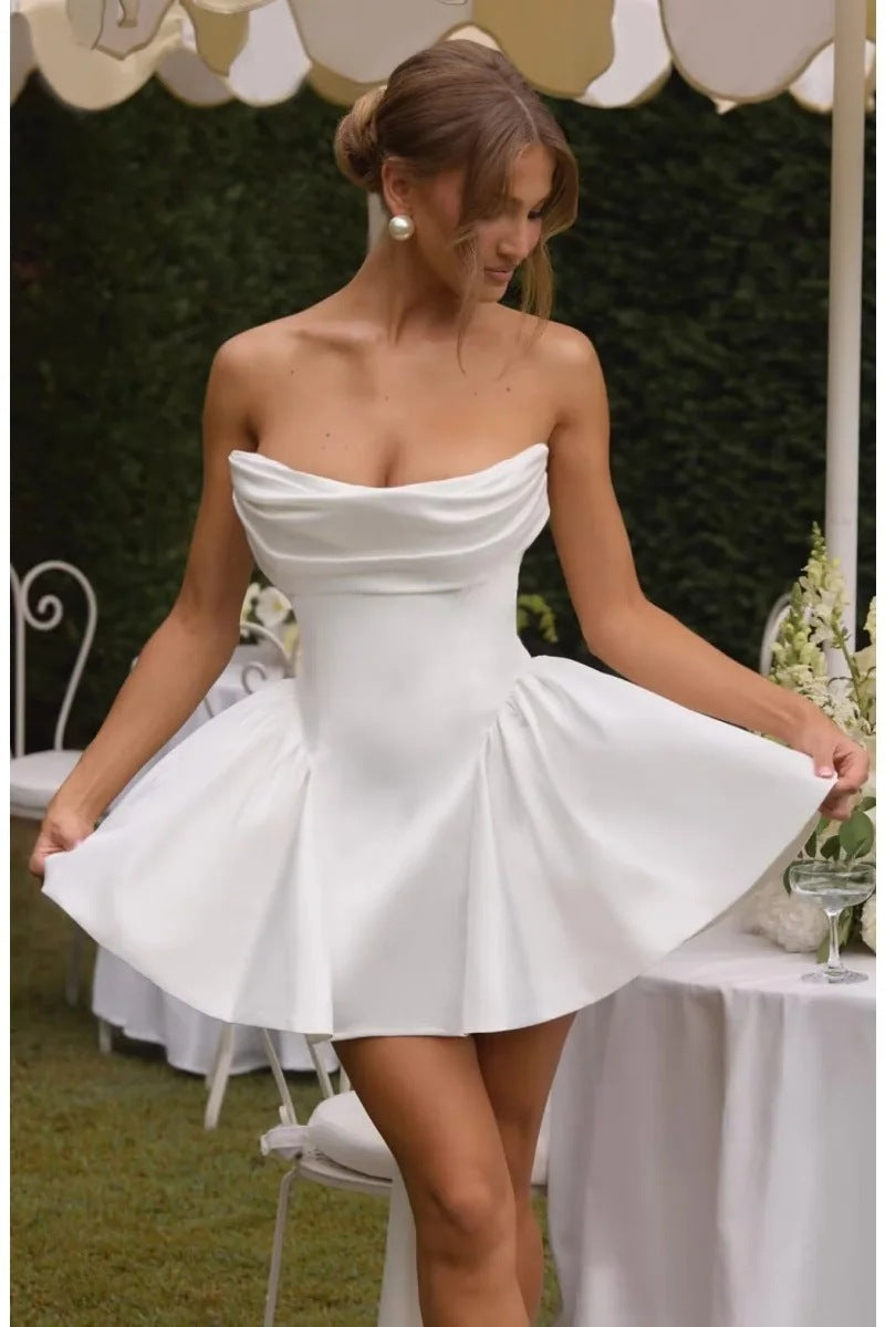 Strapless Satin Corset Homecoming Dress with Back Bow & Train
