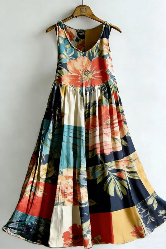 Women's Vintage Floral Colorblock Sleeveless Cotton Dress