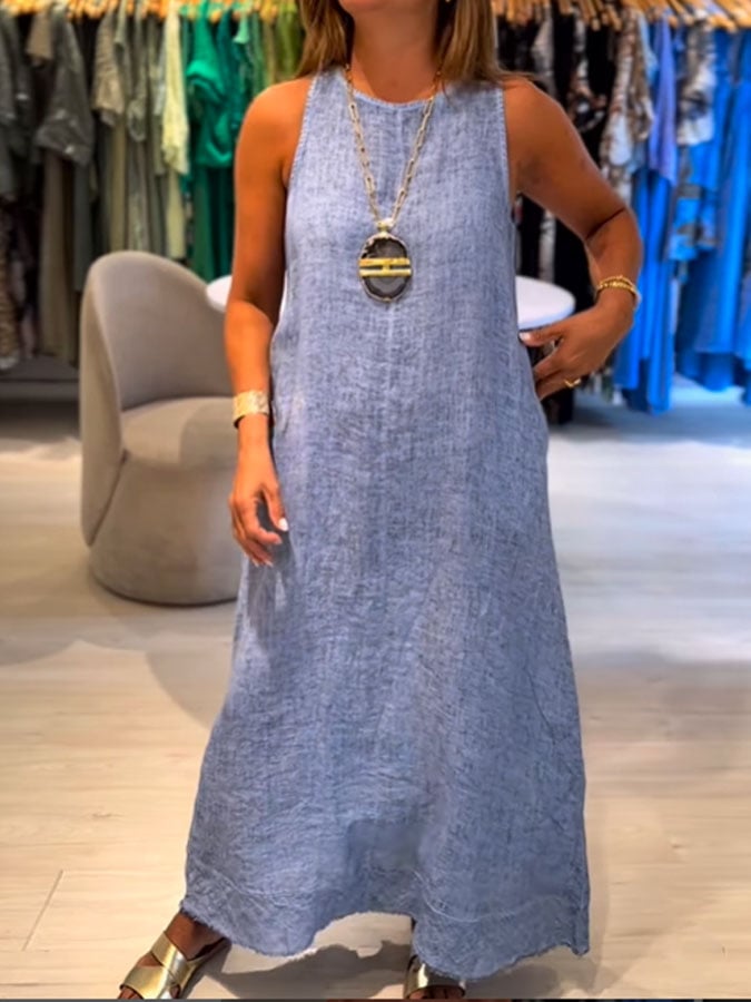 Women's Casual Solid Color Round Neck Sleeveless Cotton and Linen Dress