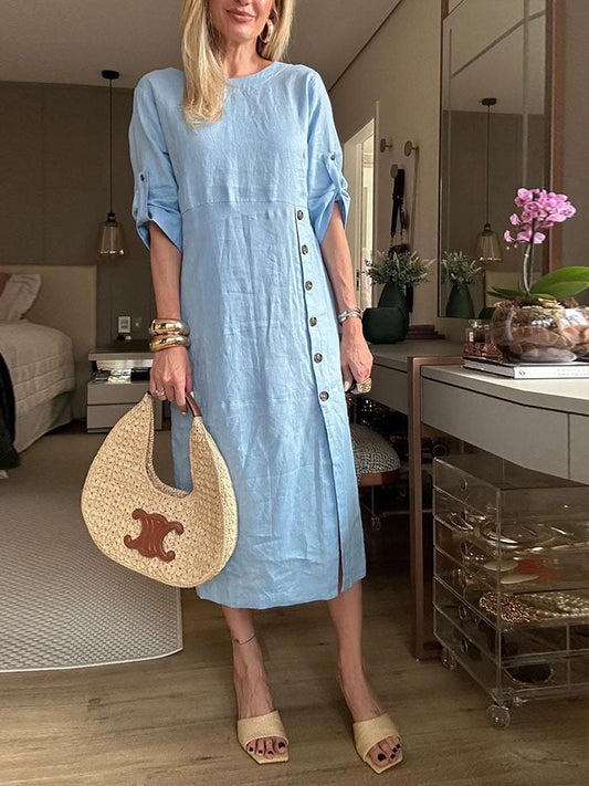 Women's Casual Solid Color Round Neck Three-quarter Sleeve Button Cotton and Linen Dress