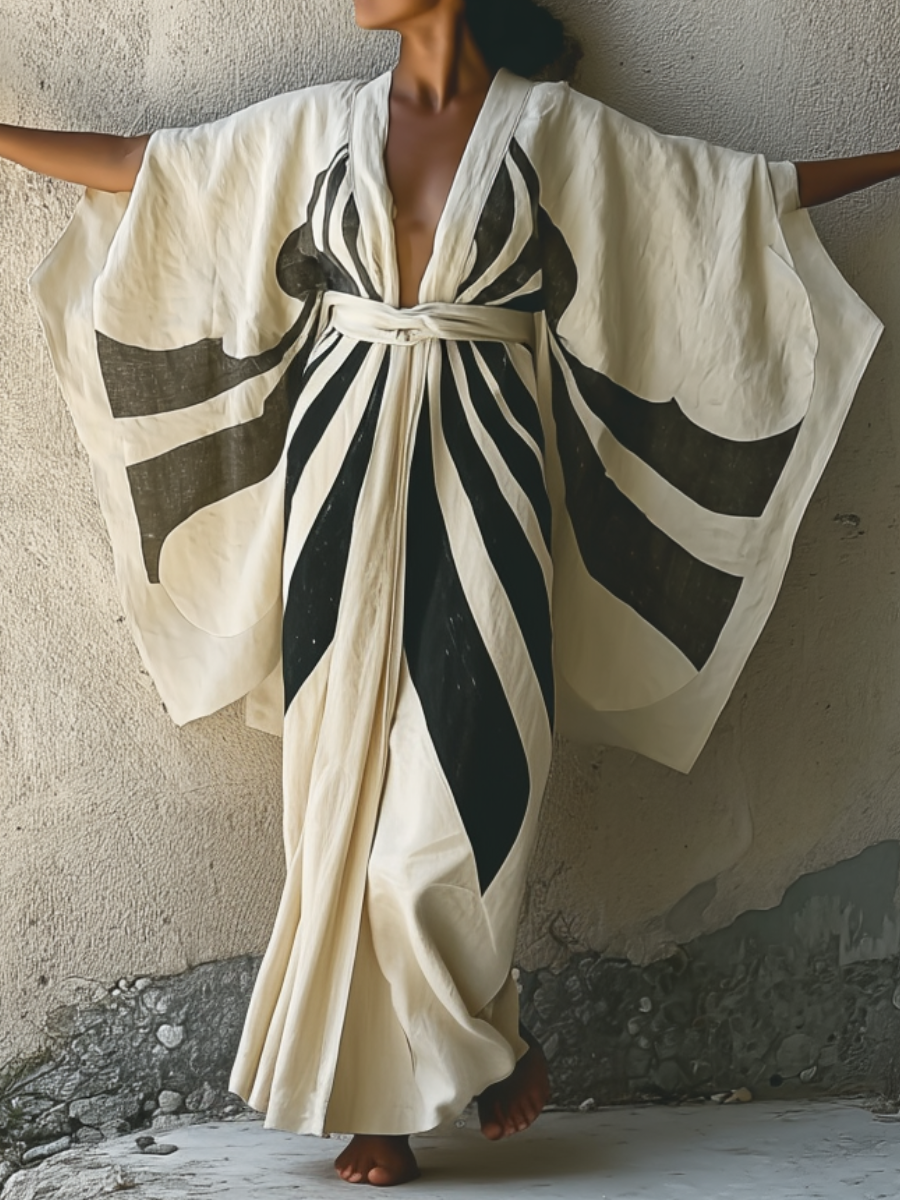 Sumi Snow Kimono Linen Long Gown Robe With Belt