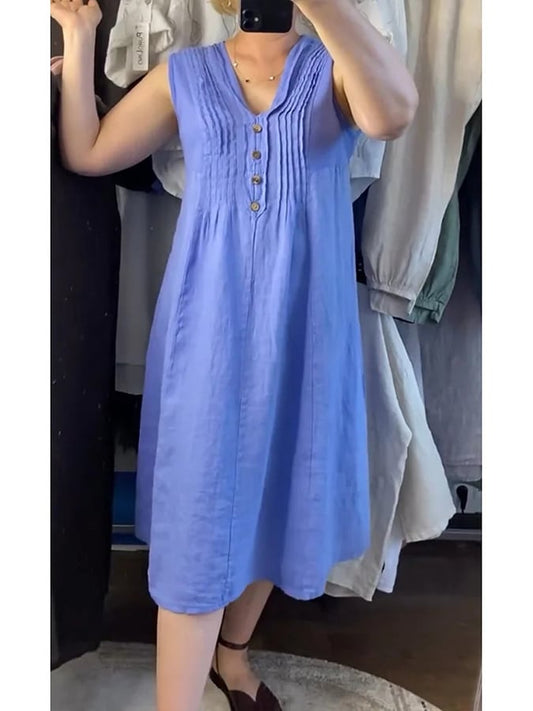 Women's casual sleeveless pleated solid color cotton and linen dress