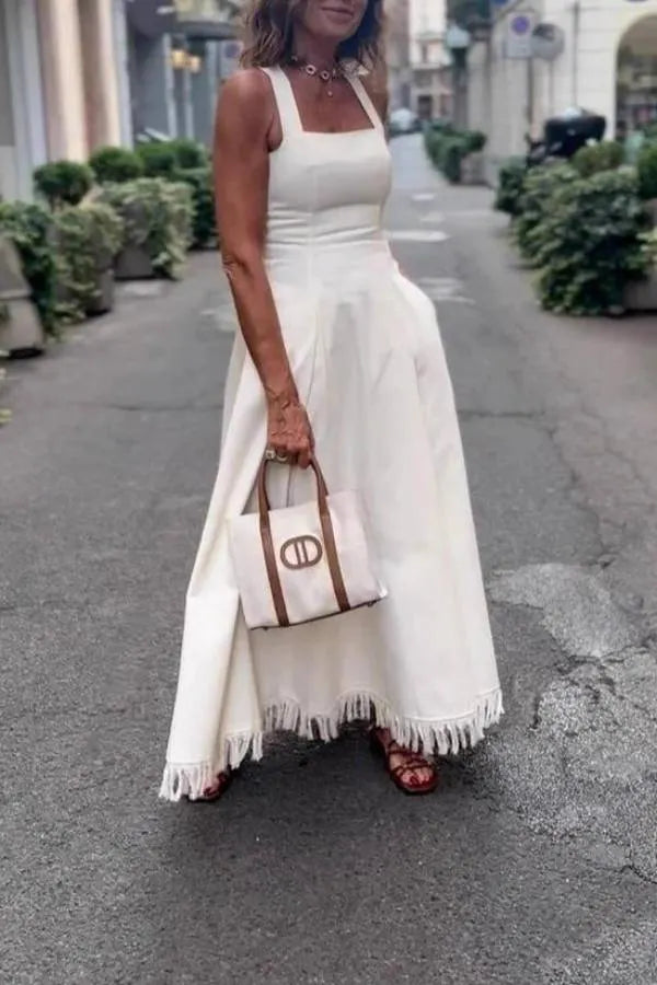 Halter Square Neck Side Button Fringe Flare Maxi Dress