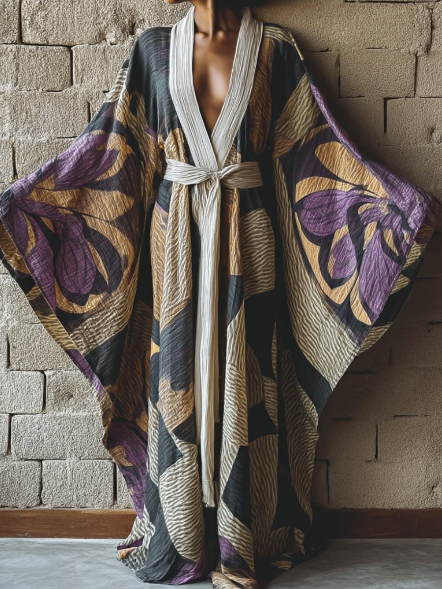 Wisteria Dusk Kimono Linen Long Gown Robe With Belt