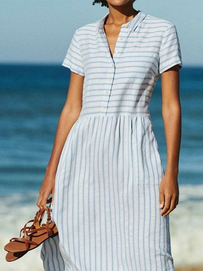 Women's Casual Solid Color Lapel Short Sleeve Striped Print Button Dress
