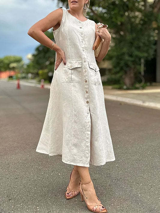 Women's Casual Solid Color Round Neck Sleeveless Button Cotton and Linen Dress