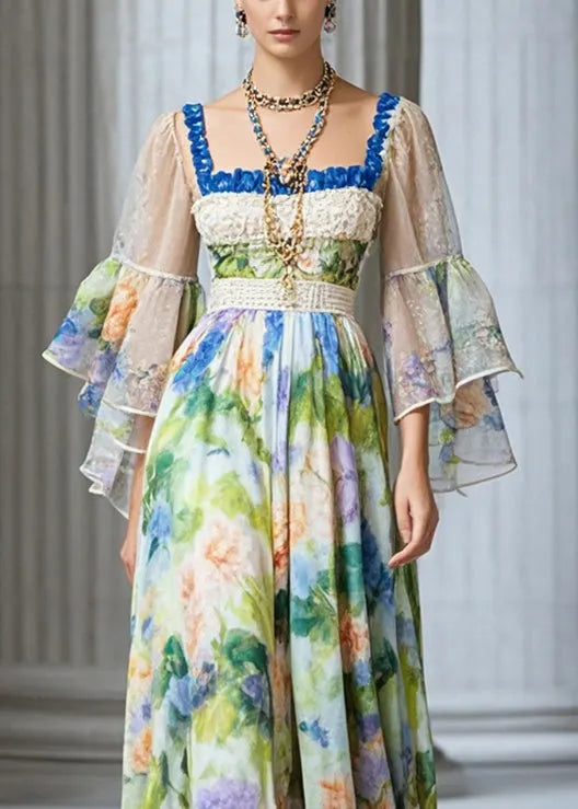Women Square Collar Print Chiffon Vacation Dresses