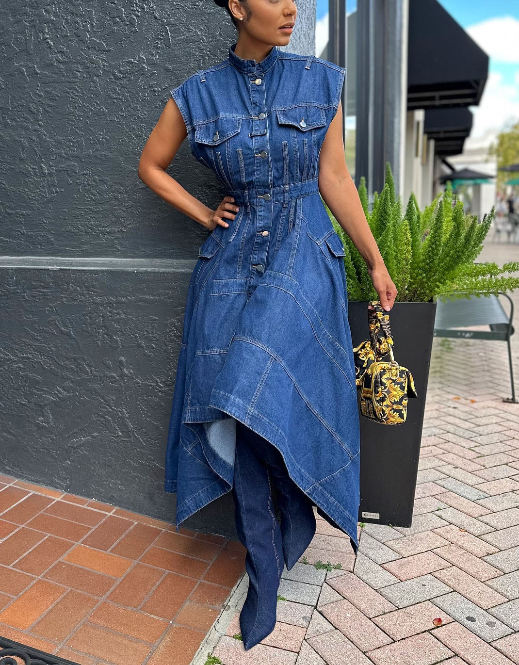 High Neck Sleeveless Denim Midi Dress with Asymmetric Hem