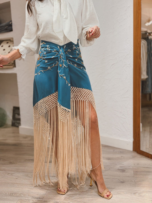 Boho Tie-Knot Satin Skirt with Long Fringe