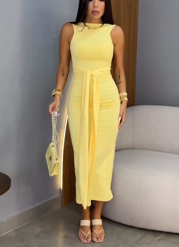 High-Neck Wrap-Tie Waist Bodycon Maxi Dress