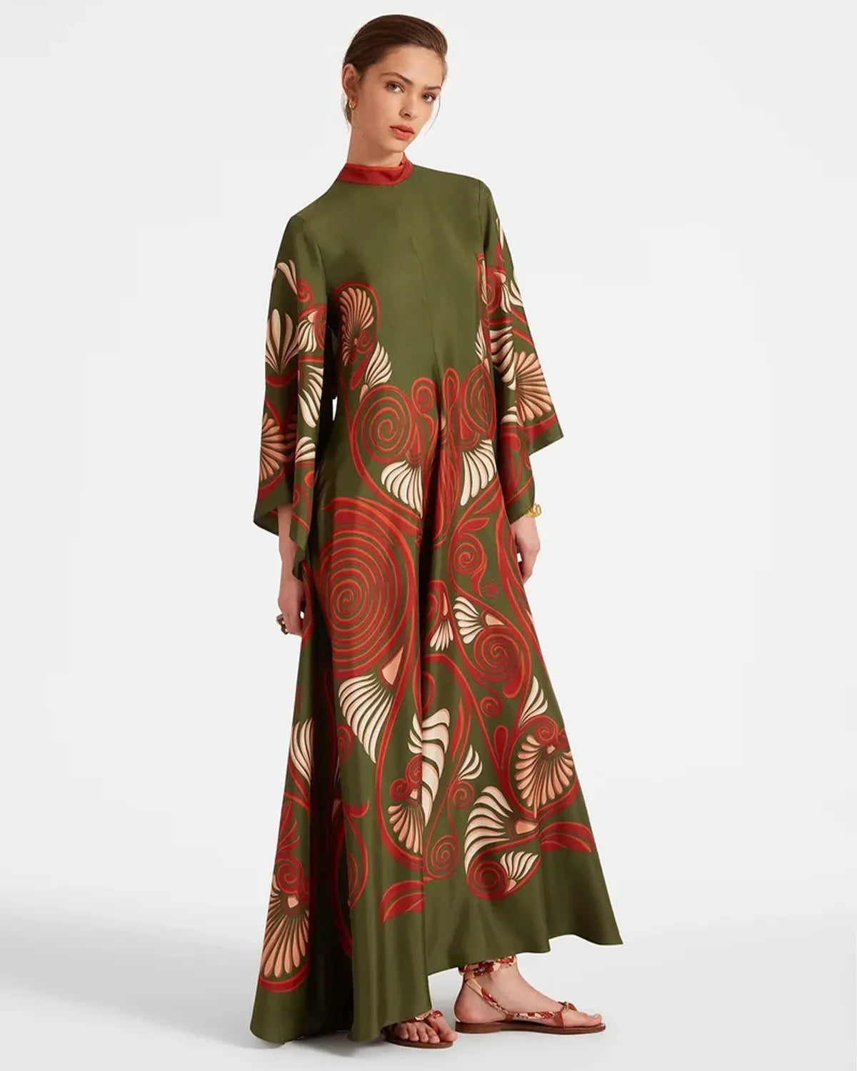 Casual Fashion Print Three-Quarter Sleeve Stand Collar Maxi Dress