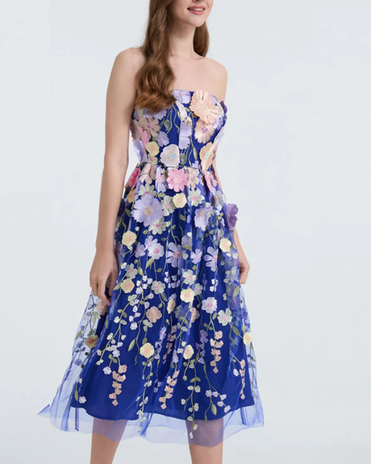 Embroidered 3D Applique Strapless Midi Dress