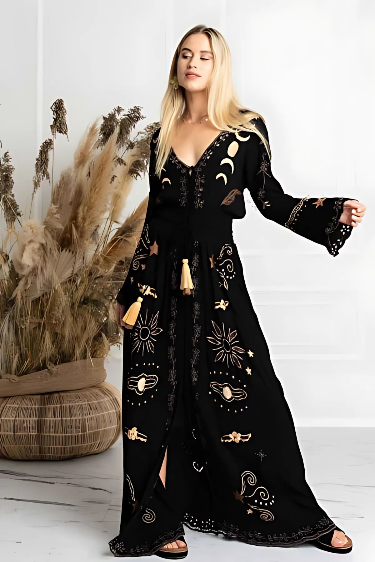 Bohemian Style Tie-Waist V-Neck Button Front Maxi Dress