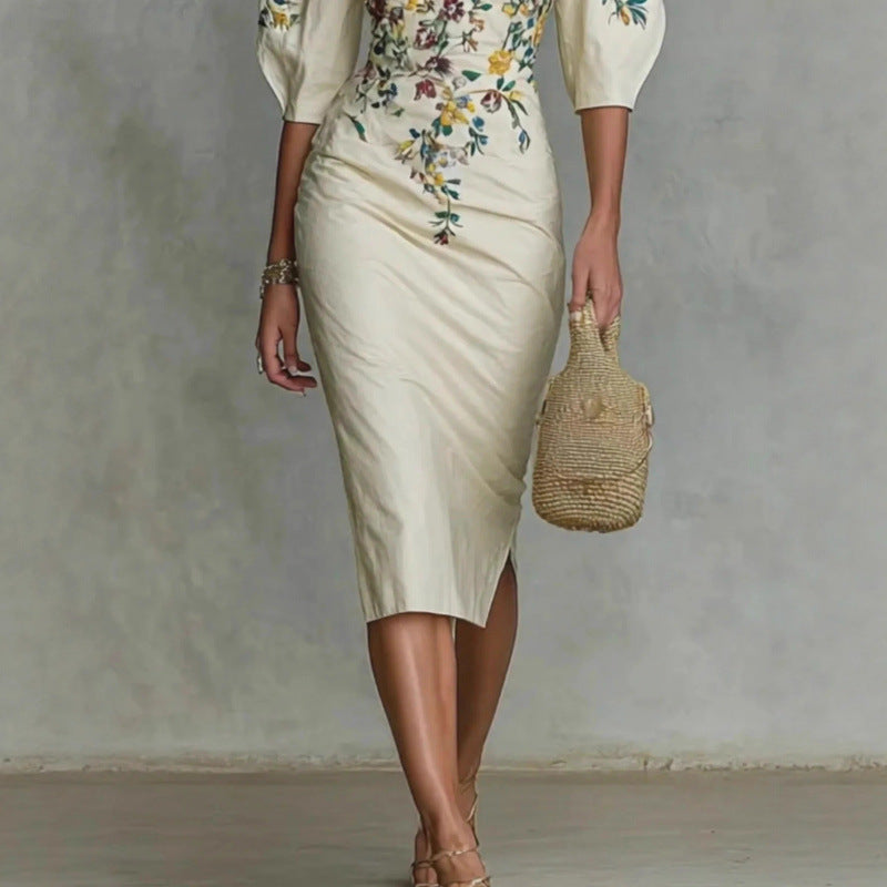Elegant One-Shoulder Five-Quarter Sleeve Waist-Covering Hip Dress