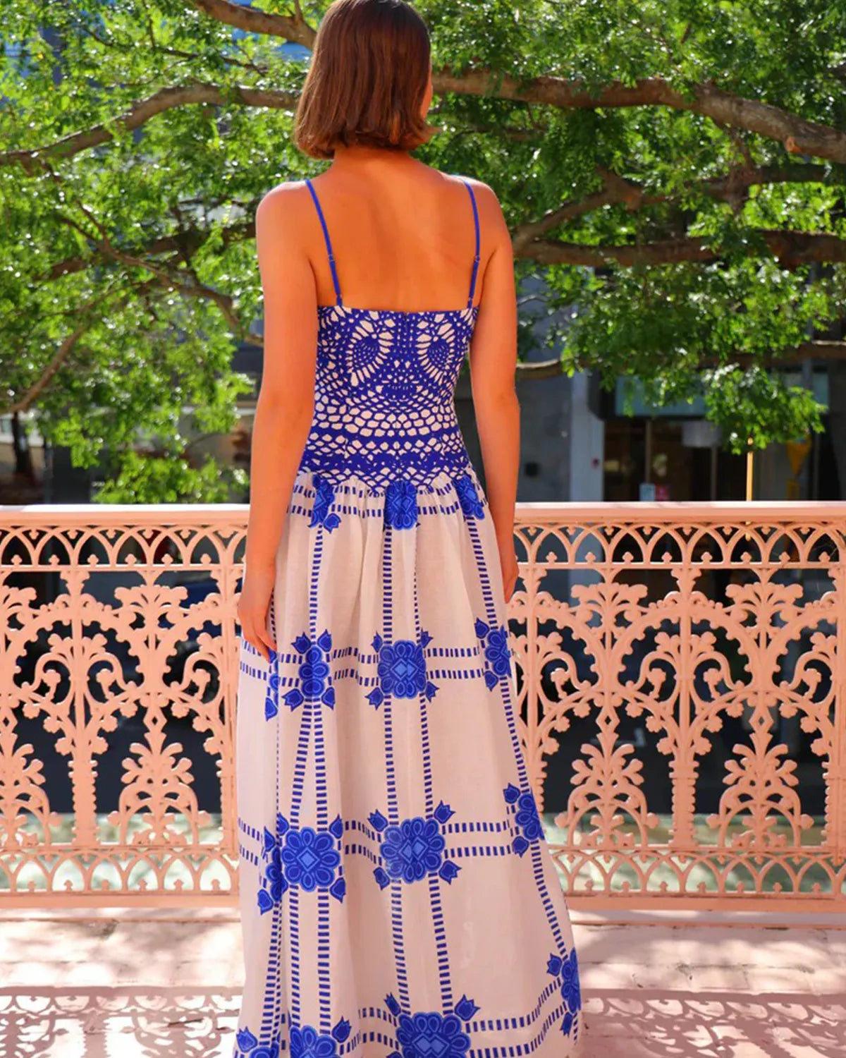 Elegant Fashion Lace Blue and White Contrast Strapless Maxi Dress