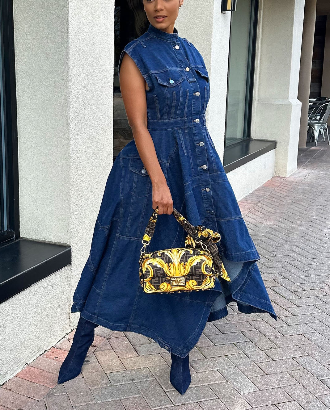 High Neck Sleeveless Denim Midi Dress with Asymmetric Hem