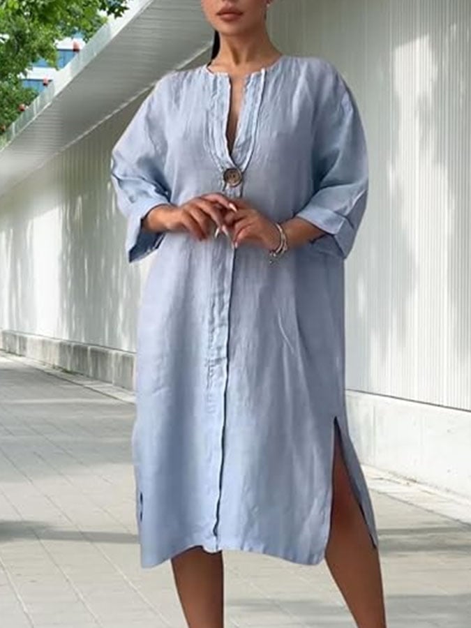 Women's Casual Solid Color V-Neck Three-quarter Sleeve Cotton and Linen Dress