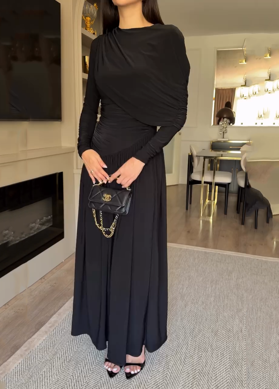 Asymmetrical Draped Shoulder Ruched Waist Maxi Dress