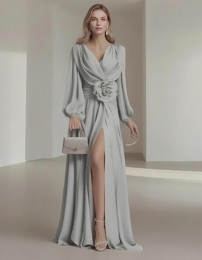 Flower Pleated Chiffon Wedding Dress Long Buff Sleeve Flowy V-neck Maxi Dress