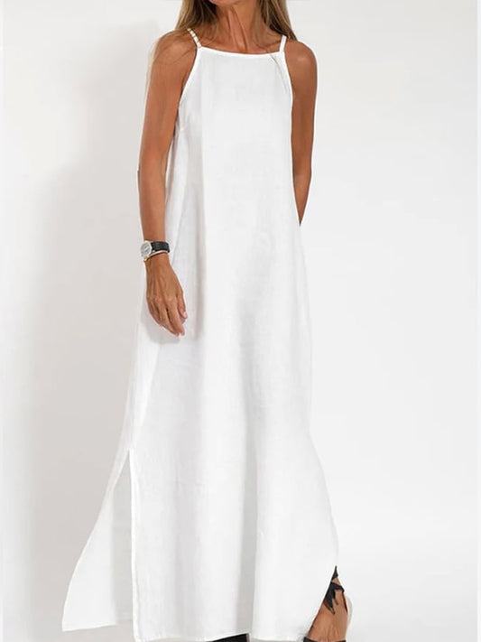 Women'S Simple Fashion Casual Cotton And Linen Slit Suspender Dress