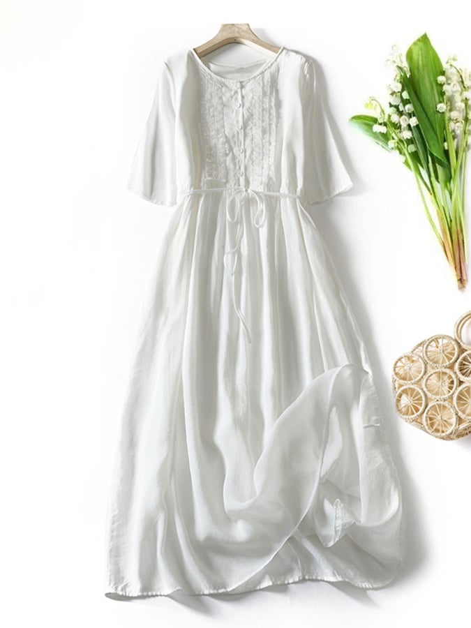 Double Layered Lace Up Waist Up Cotton Linen Middle Sleeve Dress