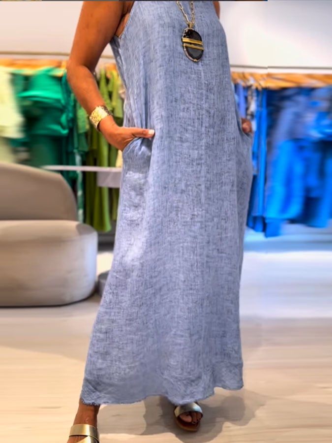 Women's Casual Solid Color Round Neck Sleeveless Cotton and Linen Dress