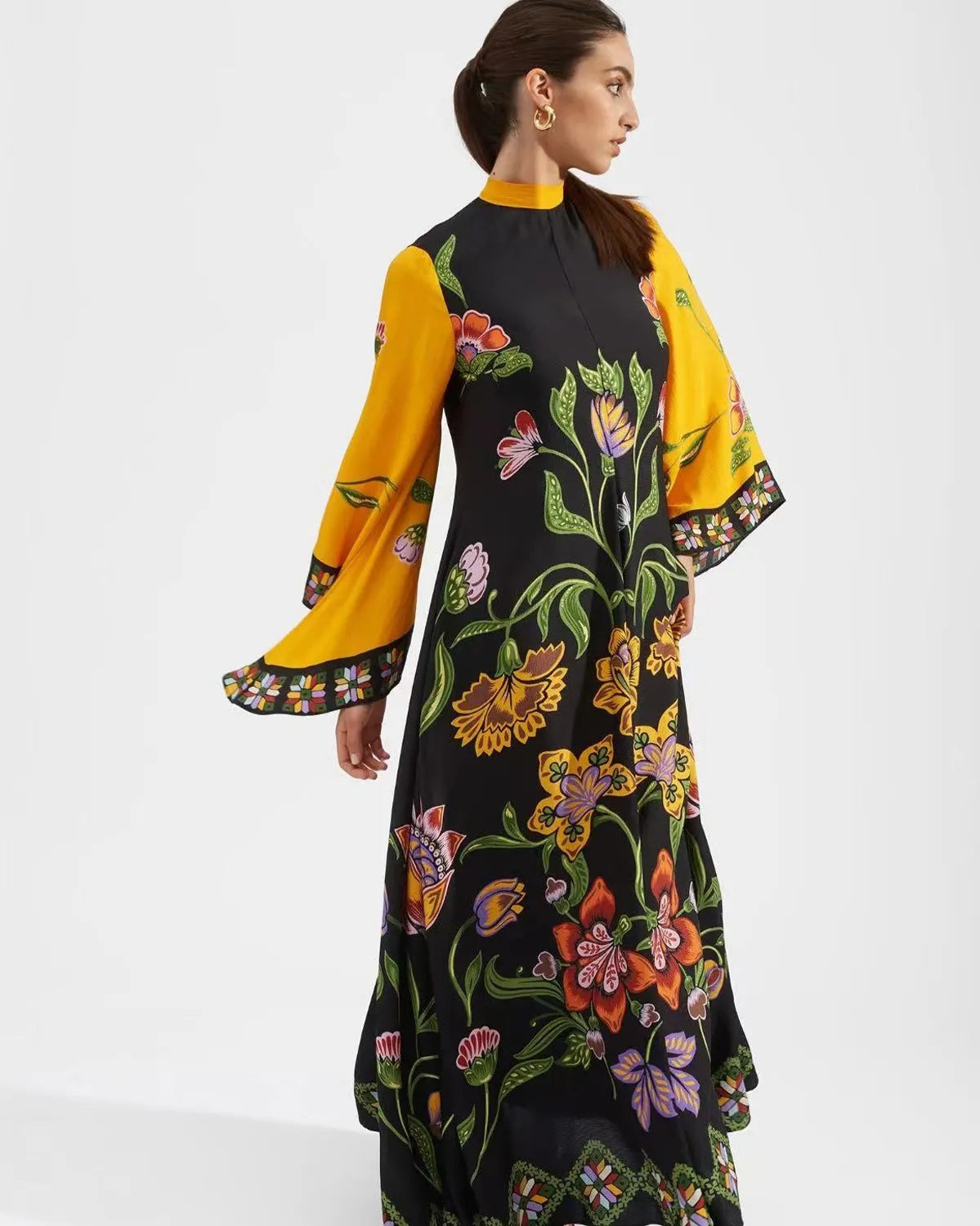 Casual Fashion Print Three-Quarter Sleeve Stand Collar Maxi Dress