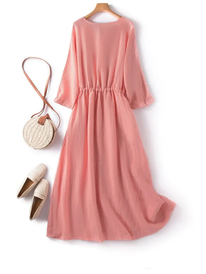 Vintage 5/4 Sleeve Wrapped Waist Slim A-Line Dress