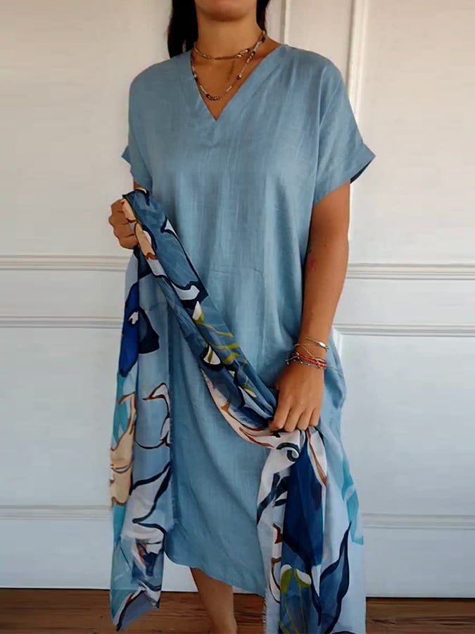 Women's casual V-neck short-sleeved cotton and linen dress