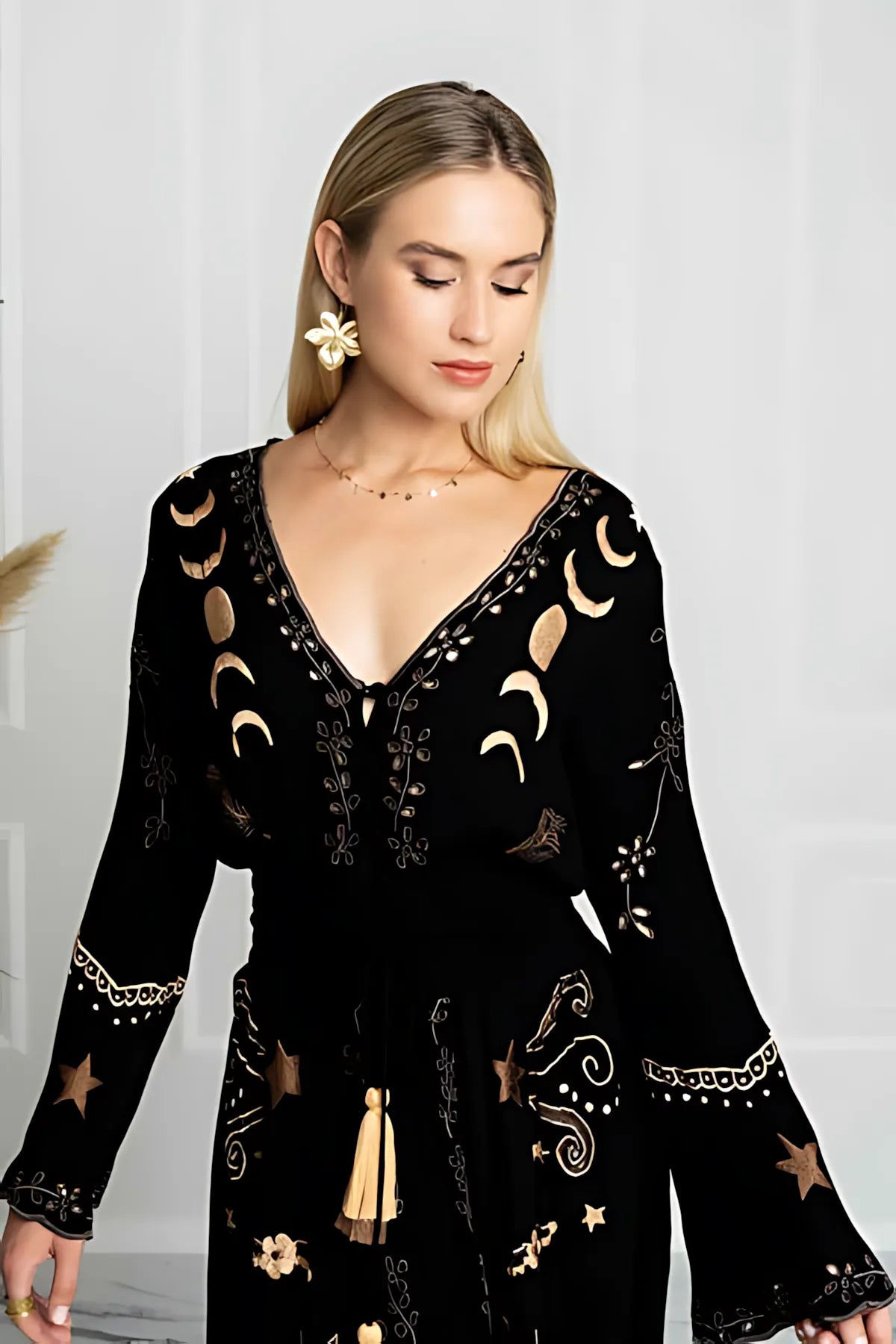Bohemian Style Tie-Waist V-Neck Button Front Maxi Dress