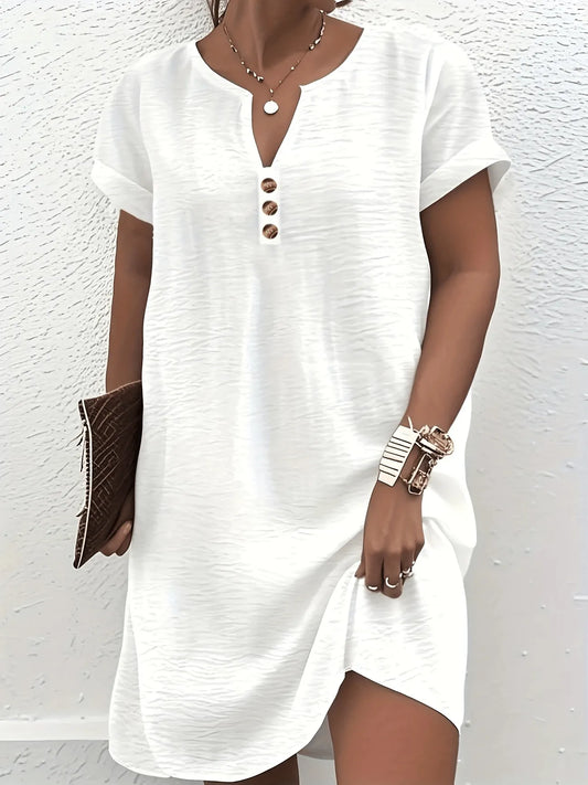 Women'S Solid Color V-Neck Short Sleeve Cotton And Linen Dress