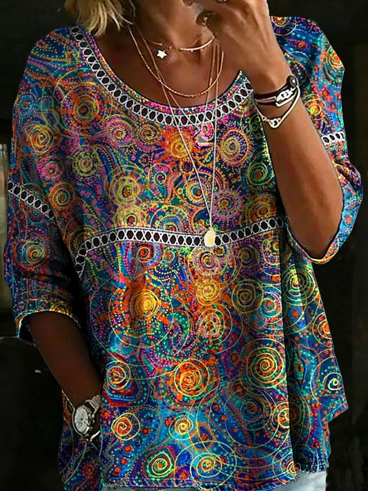 Women's Multcolor Abstrct Circle Casual Loose Denim Blouse Shirt