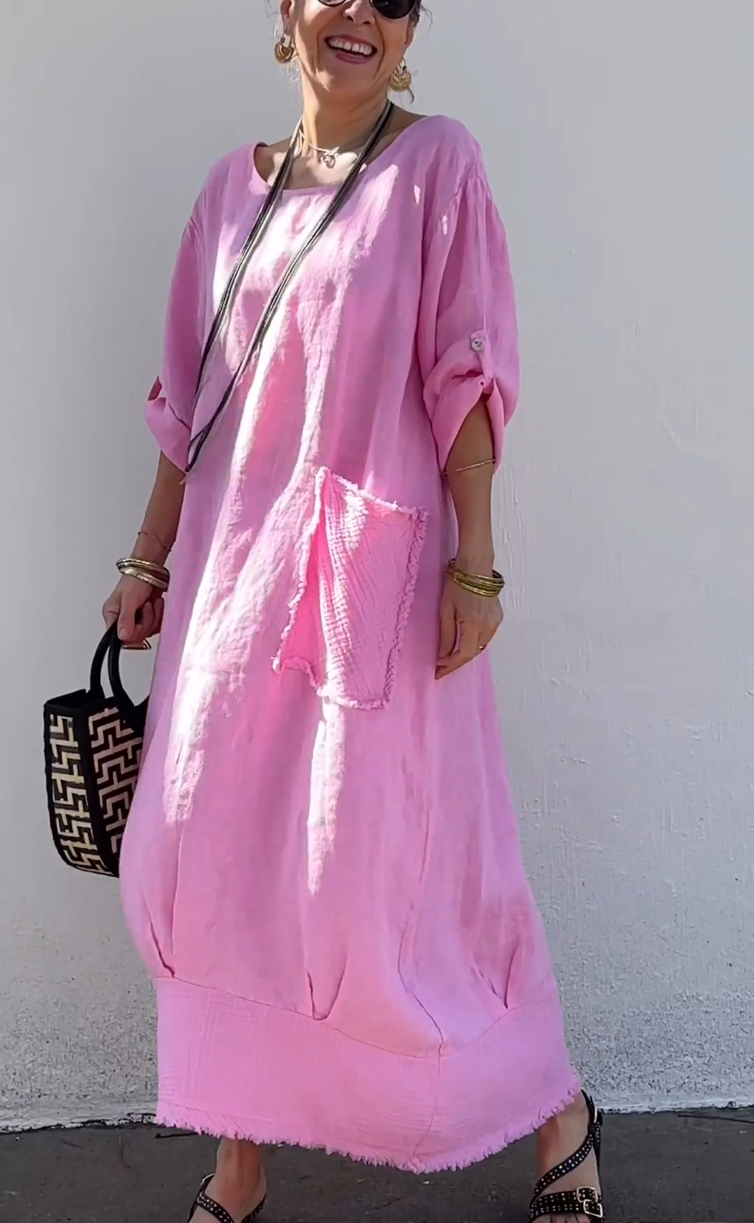 Oversized Linen Maxi Dress with Fringe Hem & Patch Pocket