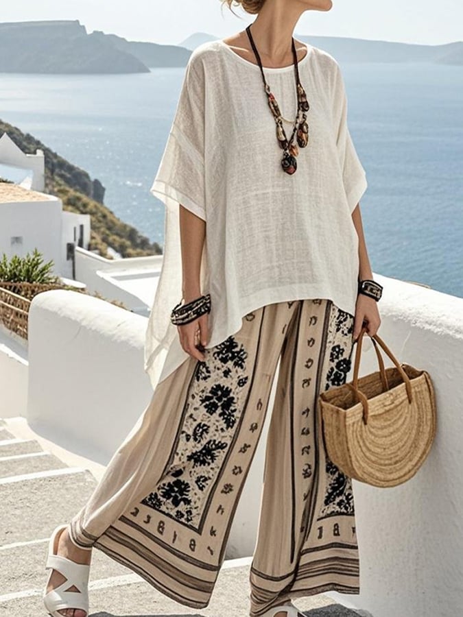 Women'S Casual Round Neck Cotton And Linen Vacation Two-Piece Set