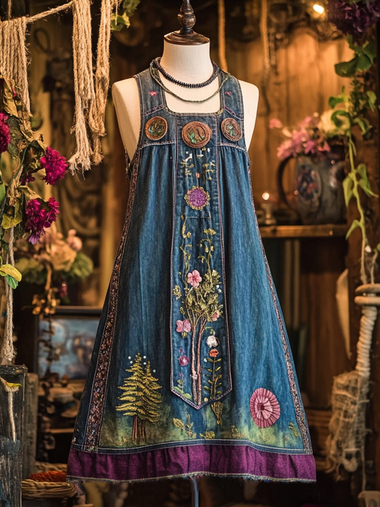 Women's Denim Forest Tree Art Patch Sleeveless Dress