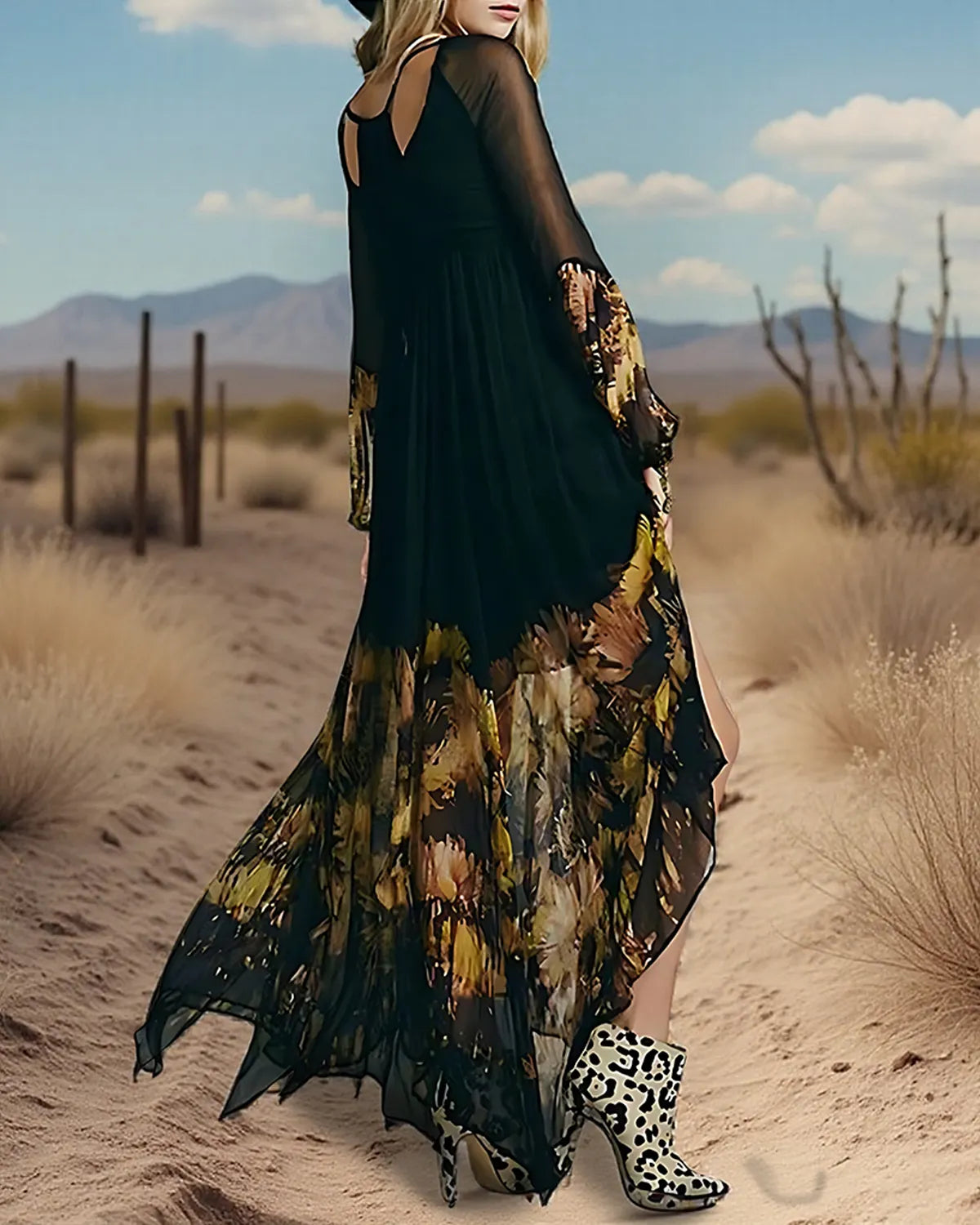 Daily Long Sleeve Floral Pleated Asymmetric Hem Maxi Dress