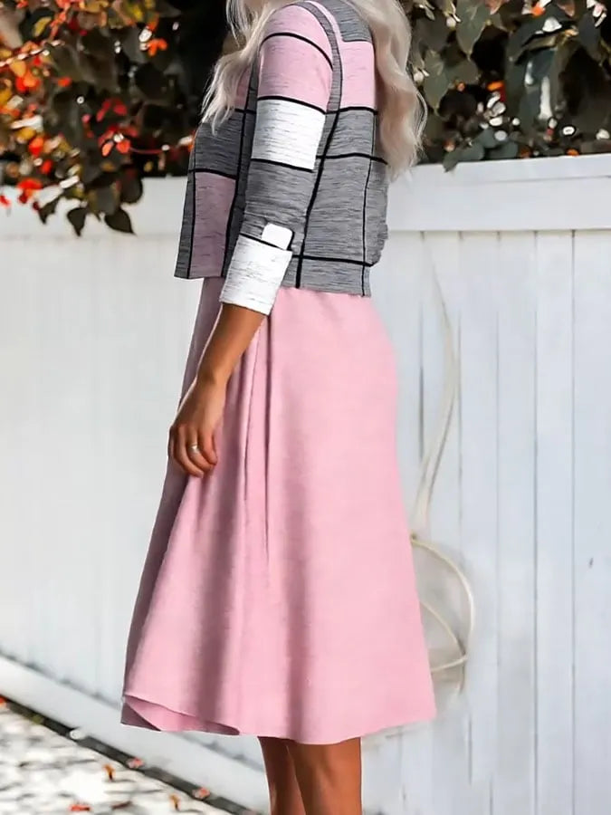 Women's Casual V-Neck Vest Dress and Contrast Color Cardigan Set