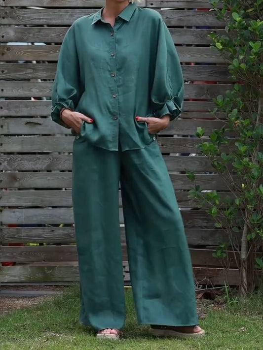 Women'S Casual Lapel Solid Color Cotton And Linen Two-Piece Set
