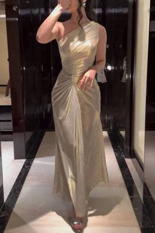 One-Shoulder Pleated Design Maxi Dress