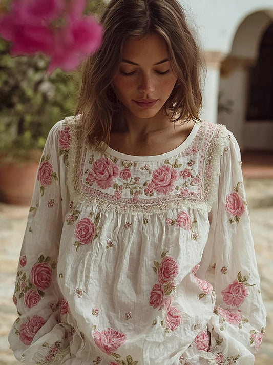 Vintage Boho Roses Pattern Comfy Linen Tunic