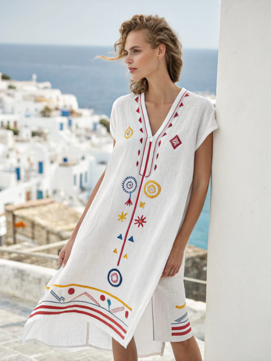 Cotton and linen women's V-neck short Dress