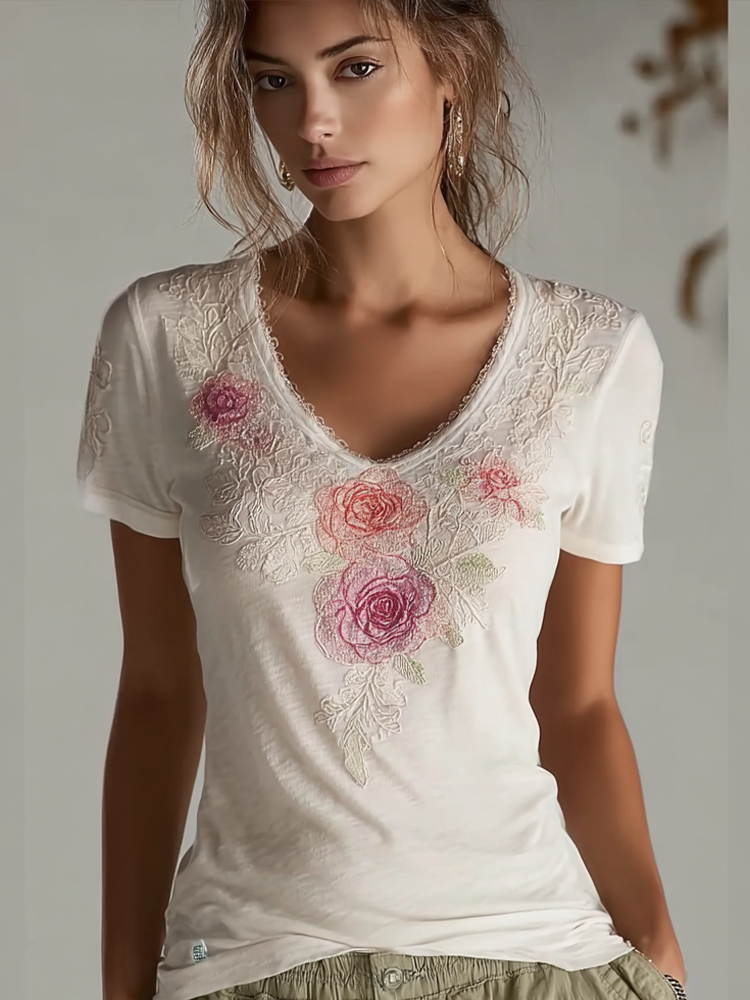 VChics Lace Rose Embroidery Design V-neck Short-sleeve T-shirt