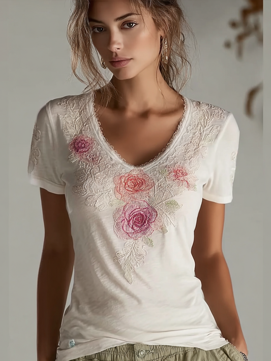 VChics Lace Rose Embroidery Design V-neck Short-sleeve T-shirt