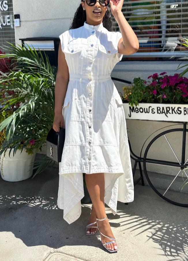 Stand Collar High-Low Hem Casual Denim Dress
