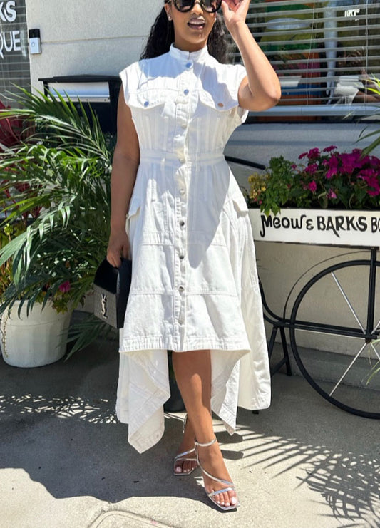 Stand Collar High-Low Hem Casual Denim Dress