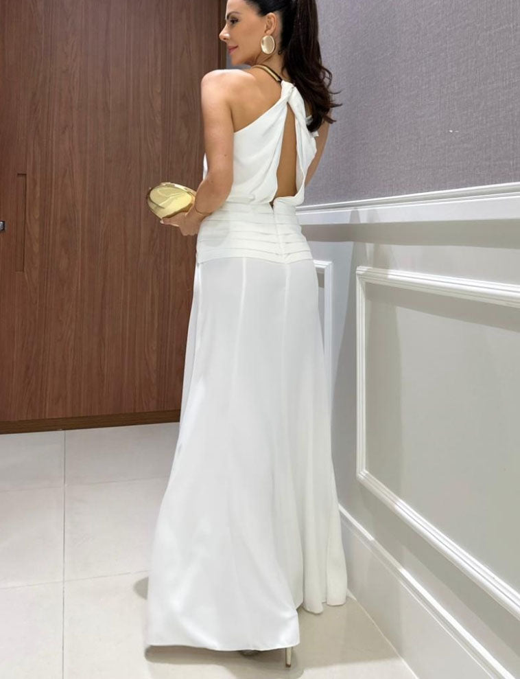 White Halter Neck Maxi Dress with Gold Collar Detail