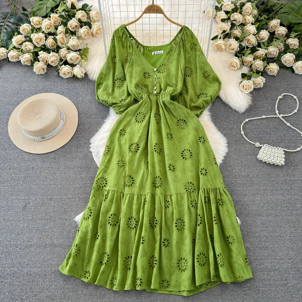 Short-Sleeved V-Neck Waist Slim A-Line Hollow Embroidered Dress