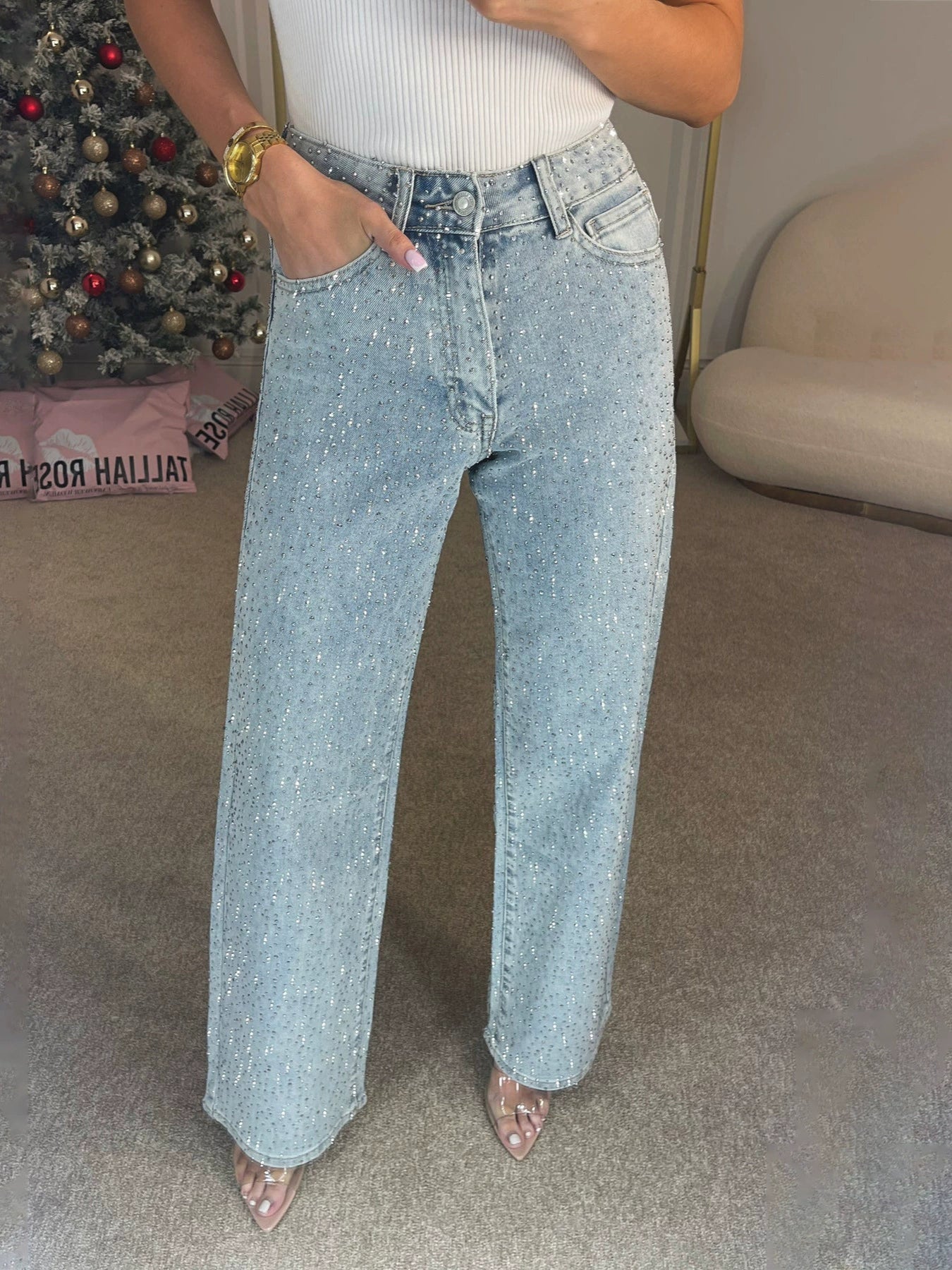 Rhinestone Washed Jeans