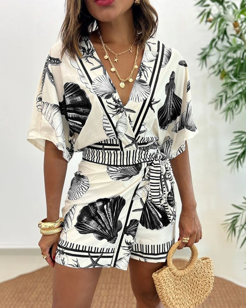 Starfish & Seashell Print Overlap V Neck Half Sleeve Wrap Knot Side Romper Casual Stretchy Back Waist Vacation Romper